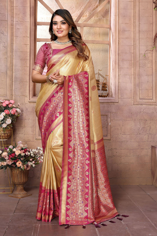 Golden Kanchipuram Silk Saree with Pink Zari Woven Pallu 