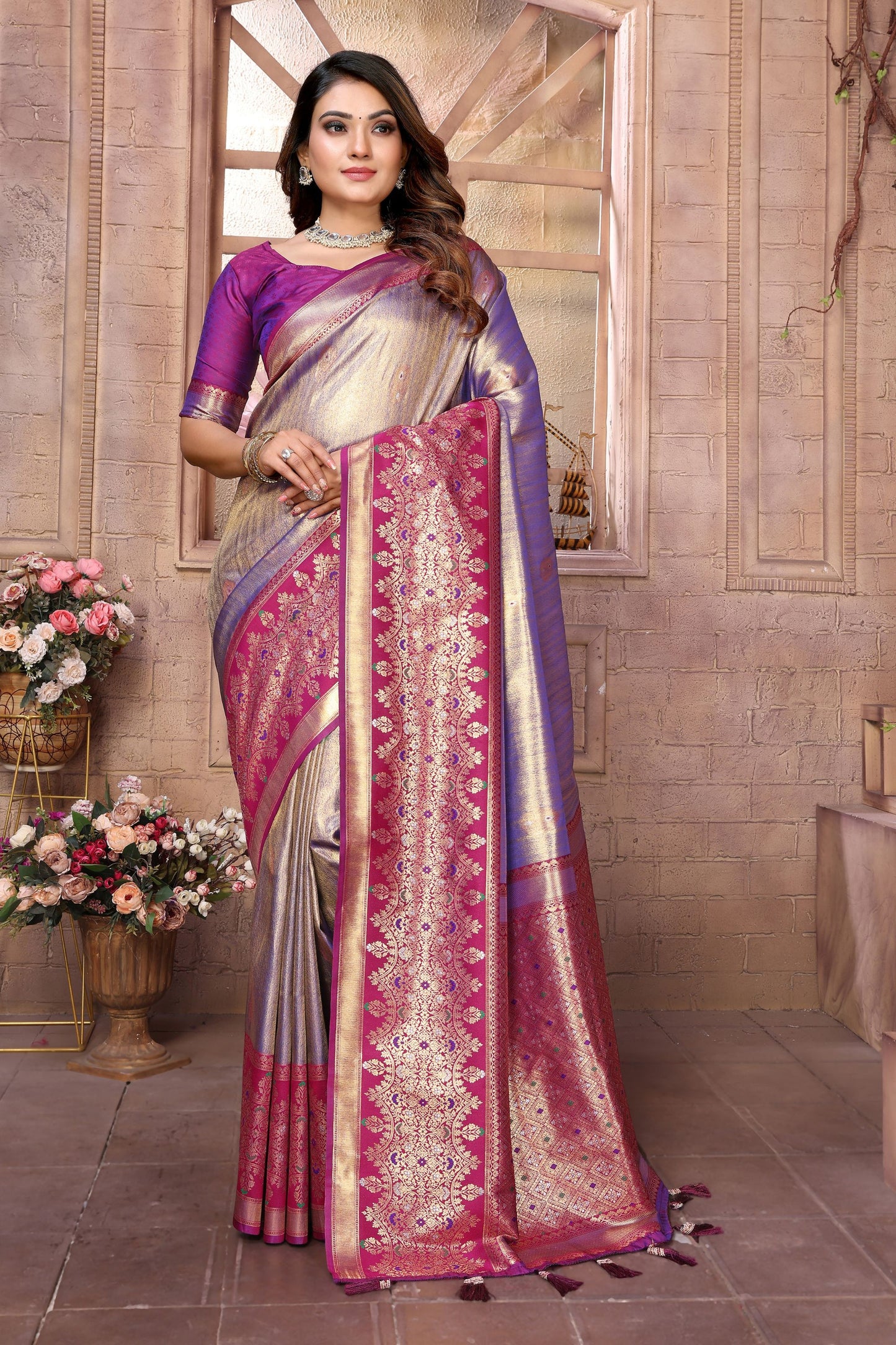 Grey and Purple Kanchipuram Silk Saree with Pink Zari Woven Pallu 