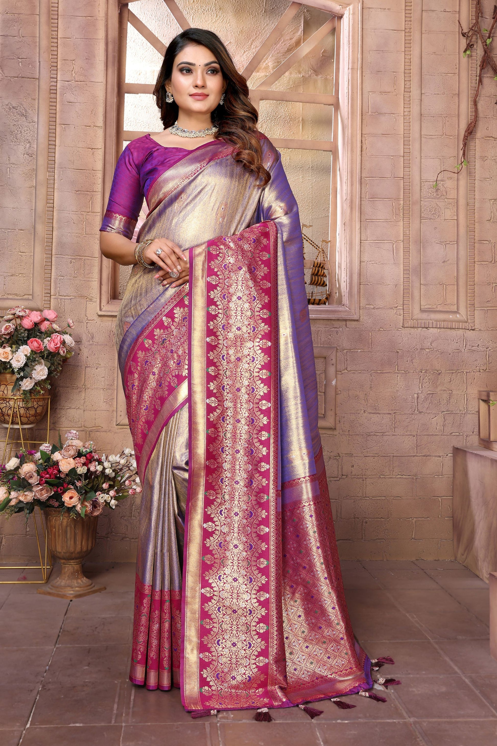 Grey and Purple Kanchipuram Silk Saree with Pink Zari Woven Pallu 