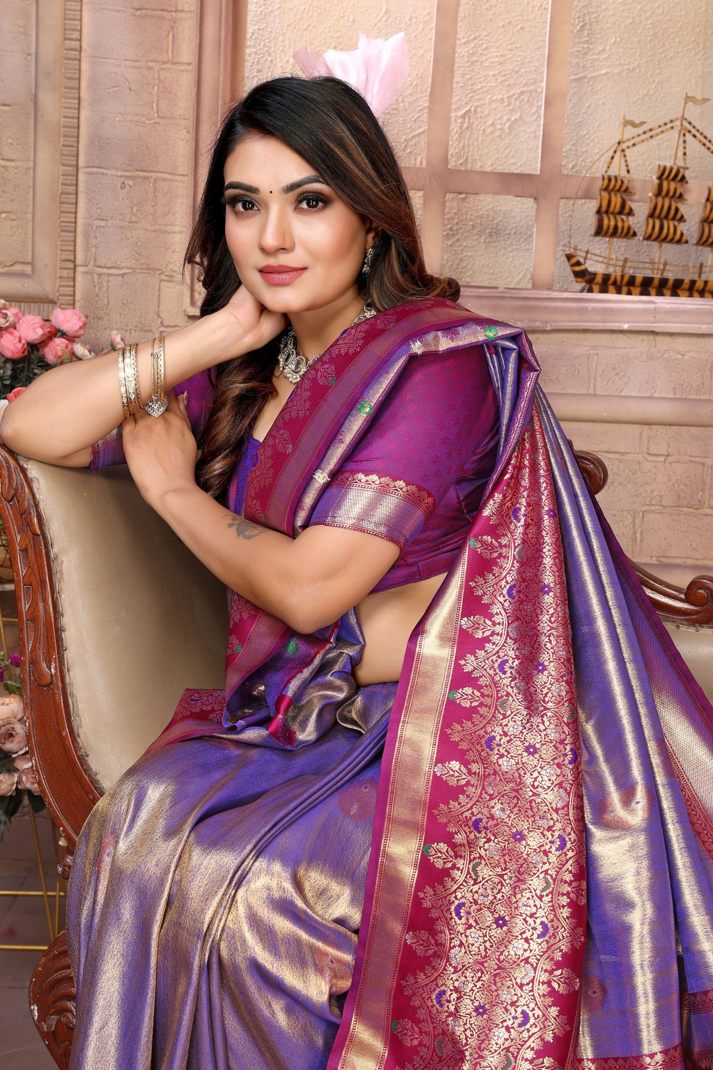 Grey and Purple Kanchipuram Silk Saree with Pink Zari Woven Pallu