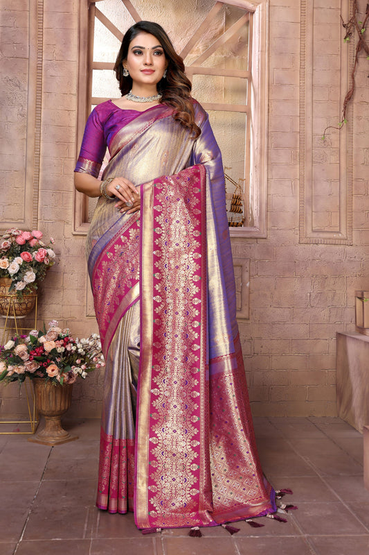 Grey and Purple Kanchipuram Silk Saree with Pink Zari Woven Pallu 