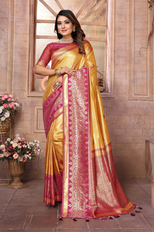 Golden Kanchipuram Silk Saree with Pink Zari Woven Pallu