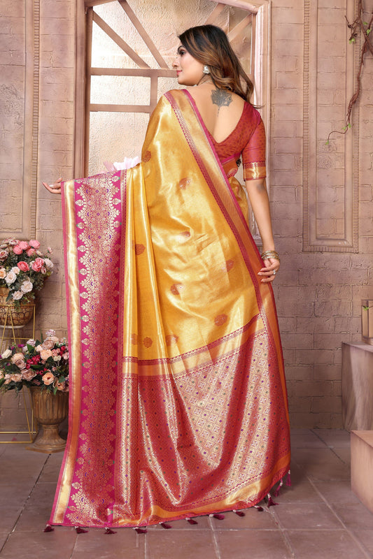 Golden Kanchipuram Silk Saree with Pink Zari Woven Pallu