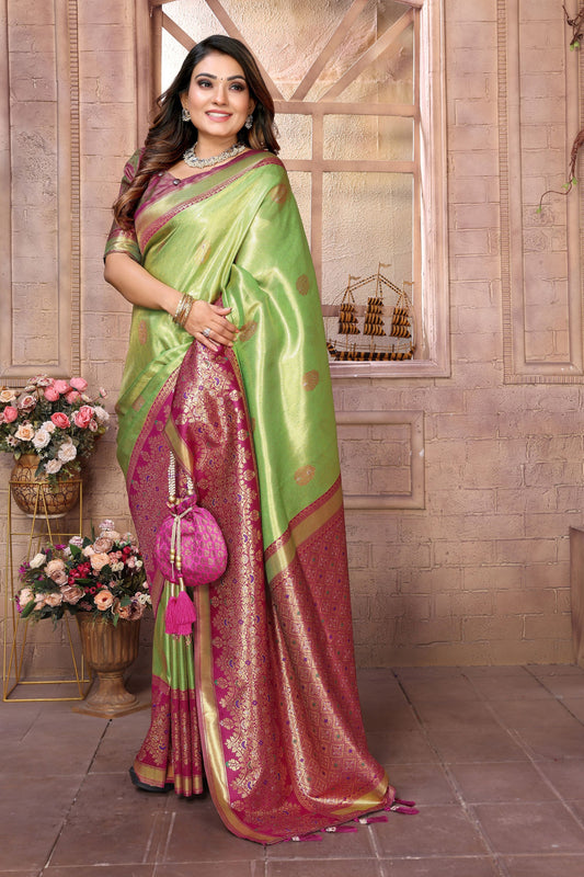 Green Kanchipuram Silk Saree with Pink Zari Woven Pallu