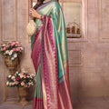 Sea Green Kanchipuram Silk Saree with Pink Zari Woven Pallu