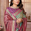 Sea Green Kanchipuram Silk Saree with Pink Zari Woven Pallu