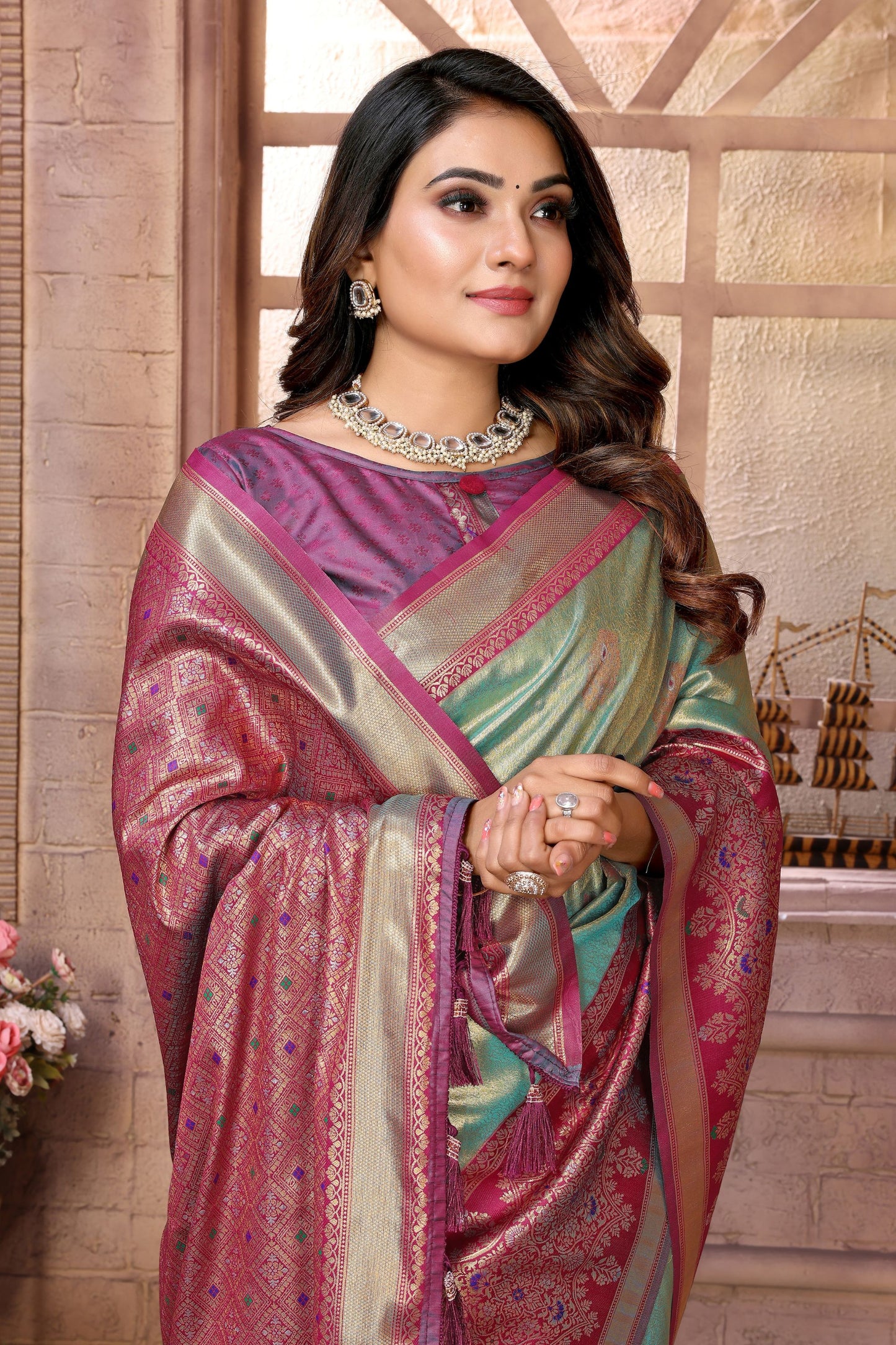 Sea Green Kanchipuram Silk Saree with Pink Zari Woven Pallu