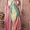 Sea Green Kanchipuram Silk Saree with Pink Zari Woven Pallu
