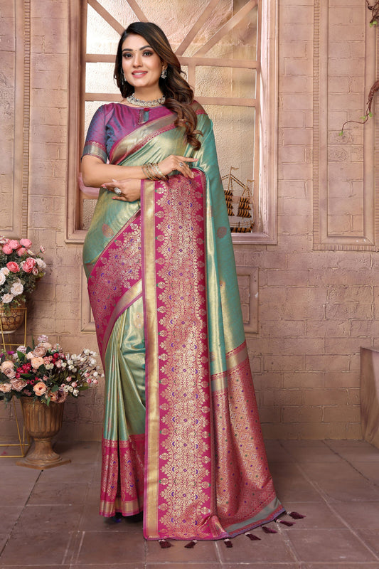 Sea Green Kanchipuram Silk Saree with Pink Zari Woven Pallu