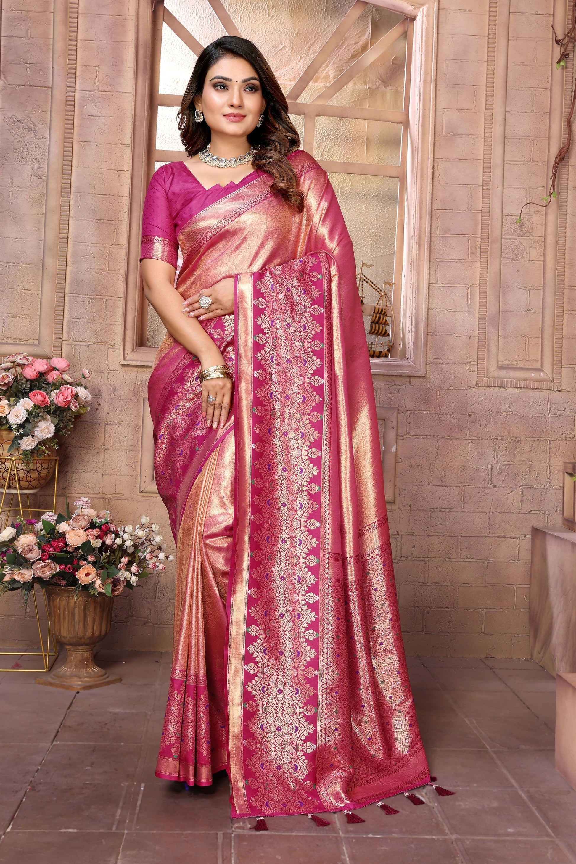 Rose Pink Kanchipuram Silk Saree with Rich Zari Woven Pallu