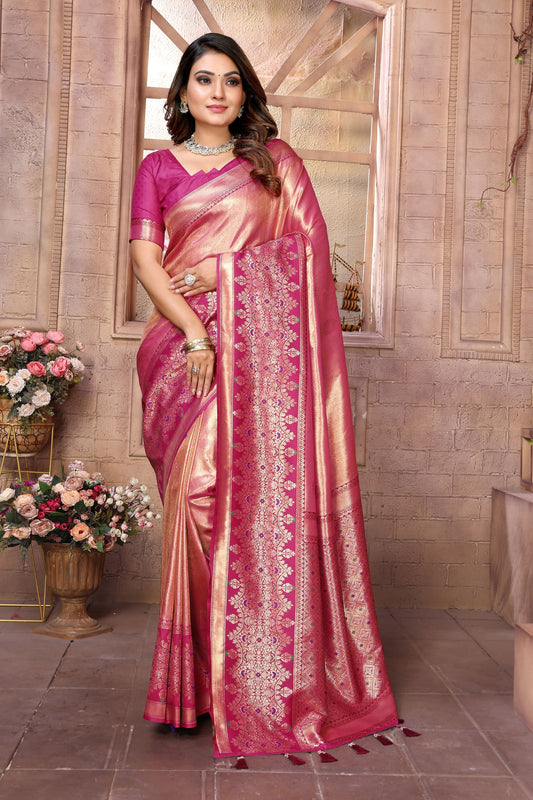 Rose Pink Kanchipuram Silk Saree with Rich Zari Woven Pallu