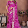 Magenta Bandhani Silk Saree Gold Zari Border Blouse Traditional Saree