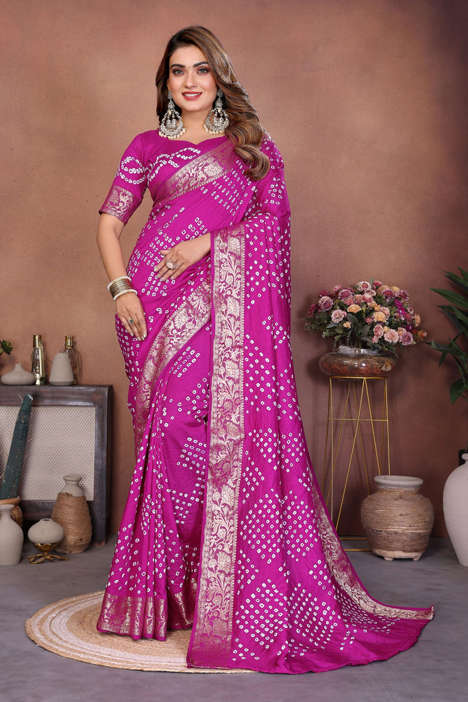 Magenta Bandhani Silk Saree Gold Zari Border Blouse Traditional Saree