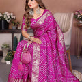 Magenta Bandhani Silk Saree Gold Zari Border Blouse Traditional Saree