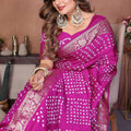 Magenta Bandhani Silk Saree Gold Zari Border Blouse Traditional Saree