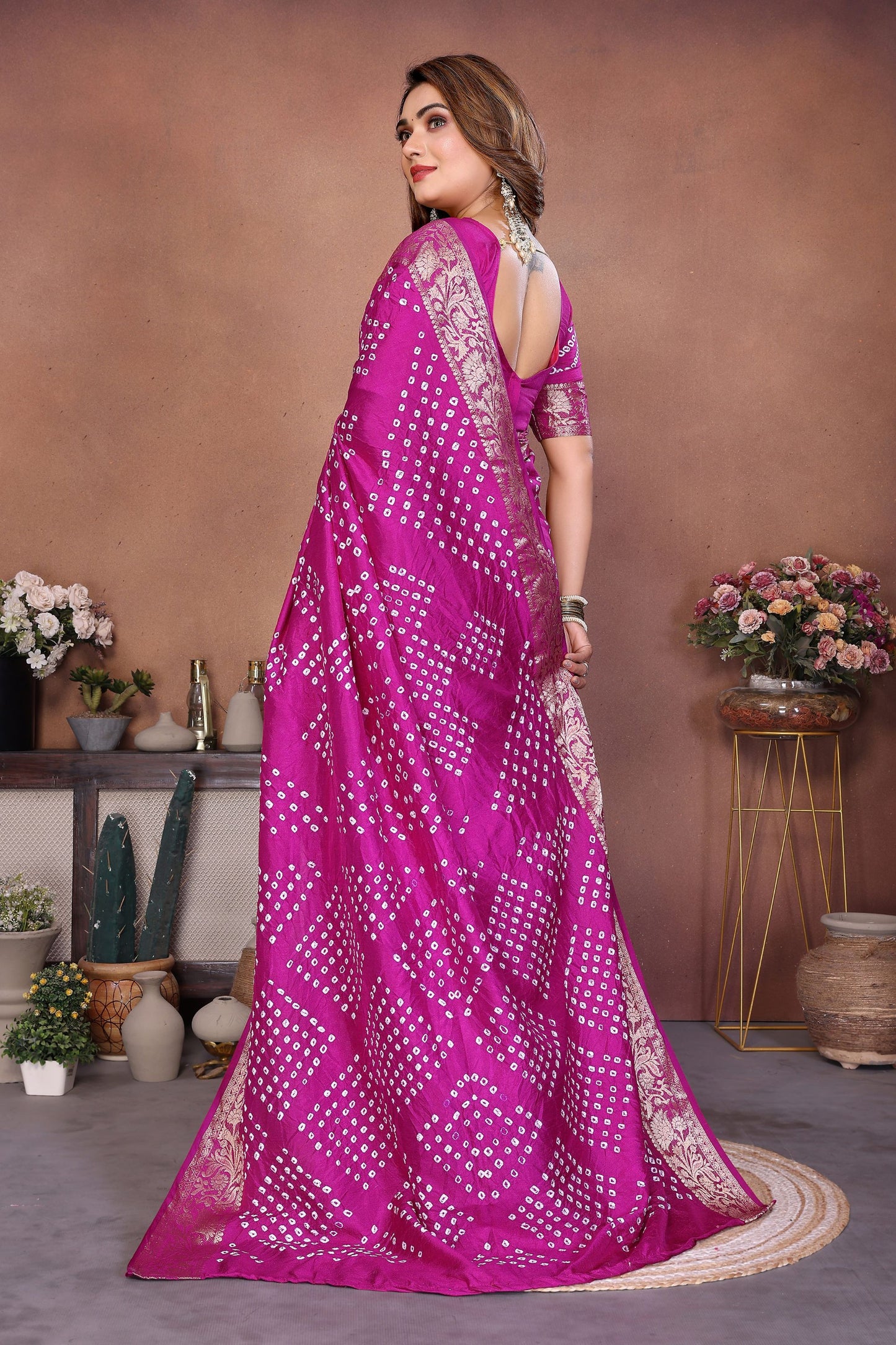 Magenta Bandhani Silk Saree Gold Zari Border Blouse Traditional Saree