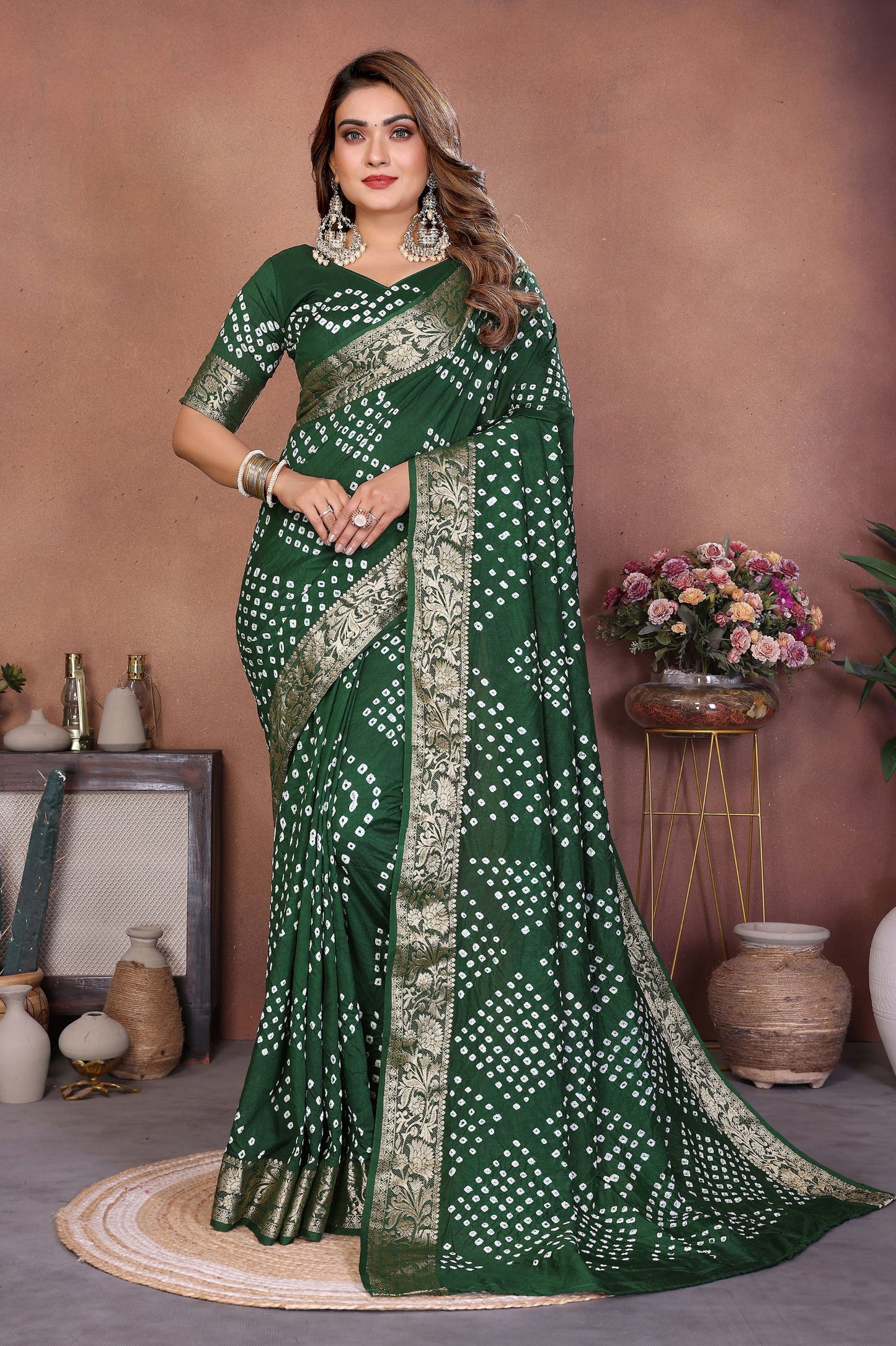 Dark Green Bandhani Silk Saree Gold Zari Border Blouse Traditional Saree