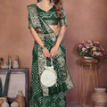 Dark Green Bandhani Silk Saree Gold Zari Border Blouse Traditional Saree