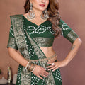 Dark Green Bandhani Silk Saree Gold Zari Border Blouse Traditional Saree