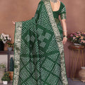 Dark Green Bandhani Silk Saree Gold Zari Border Blouse Traditional Saree