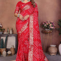 Red Bandhani Silk Saree with Gold Zari Border Blouse Traditional Saree 