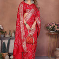 Red Bandhani Silk Saree with Gold Zari Border Blouse Traditional Saree