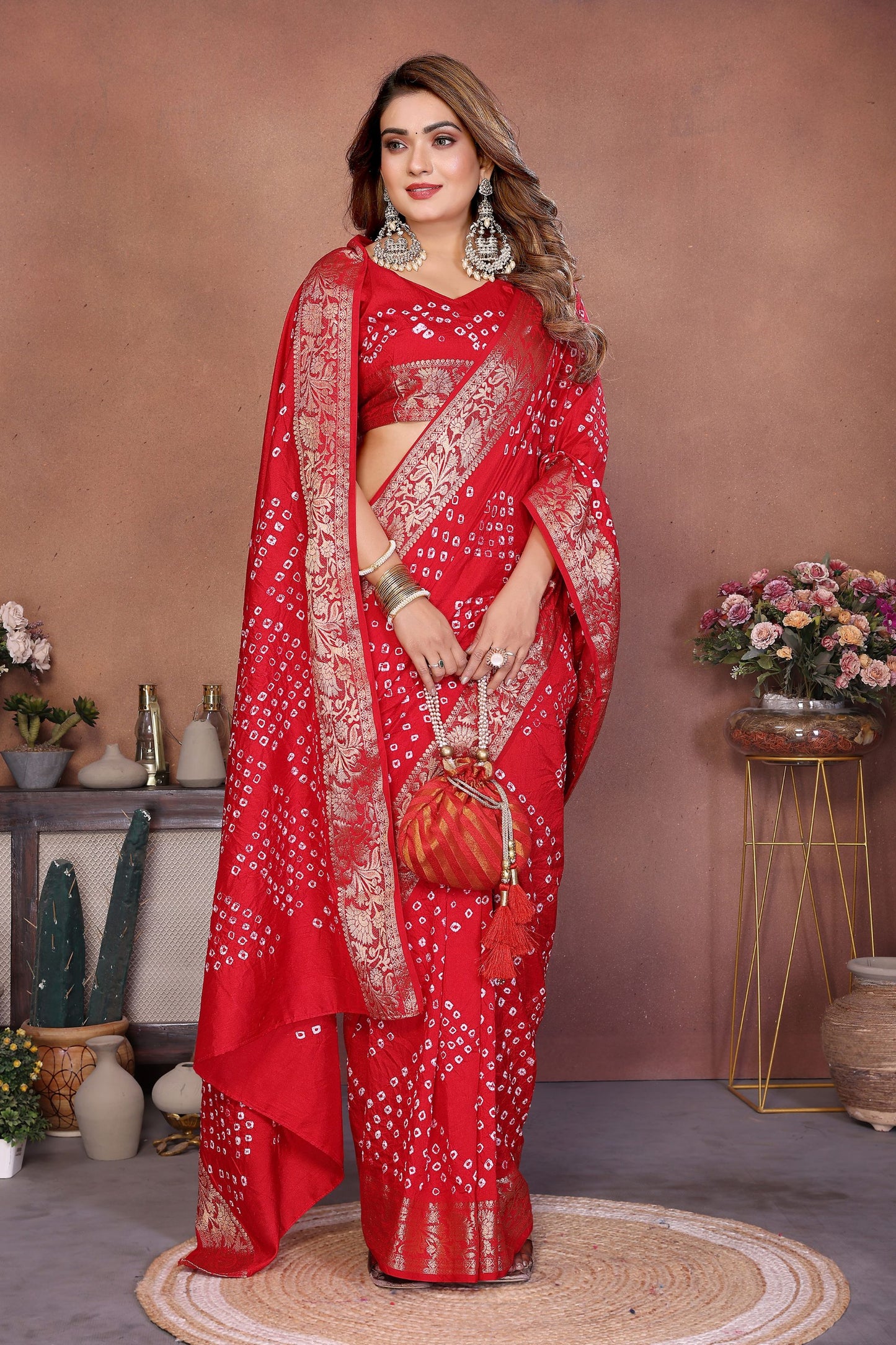 Red Bandhani Silk Saree with Gold Zari Border Blouse Traditional Saree