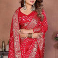 Red Bandhani Silk Saree with Gold Zari Border Blouse Traditional Saree
