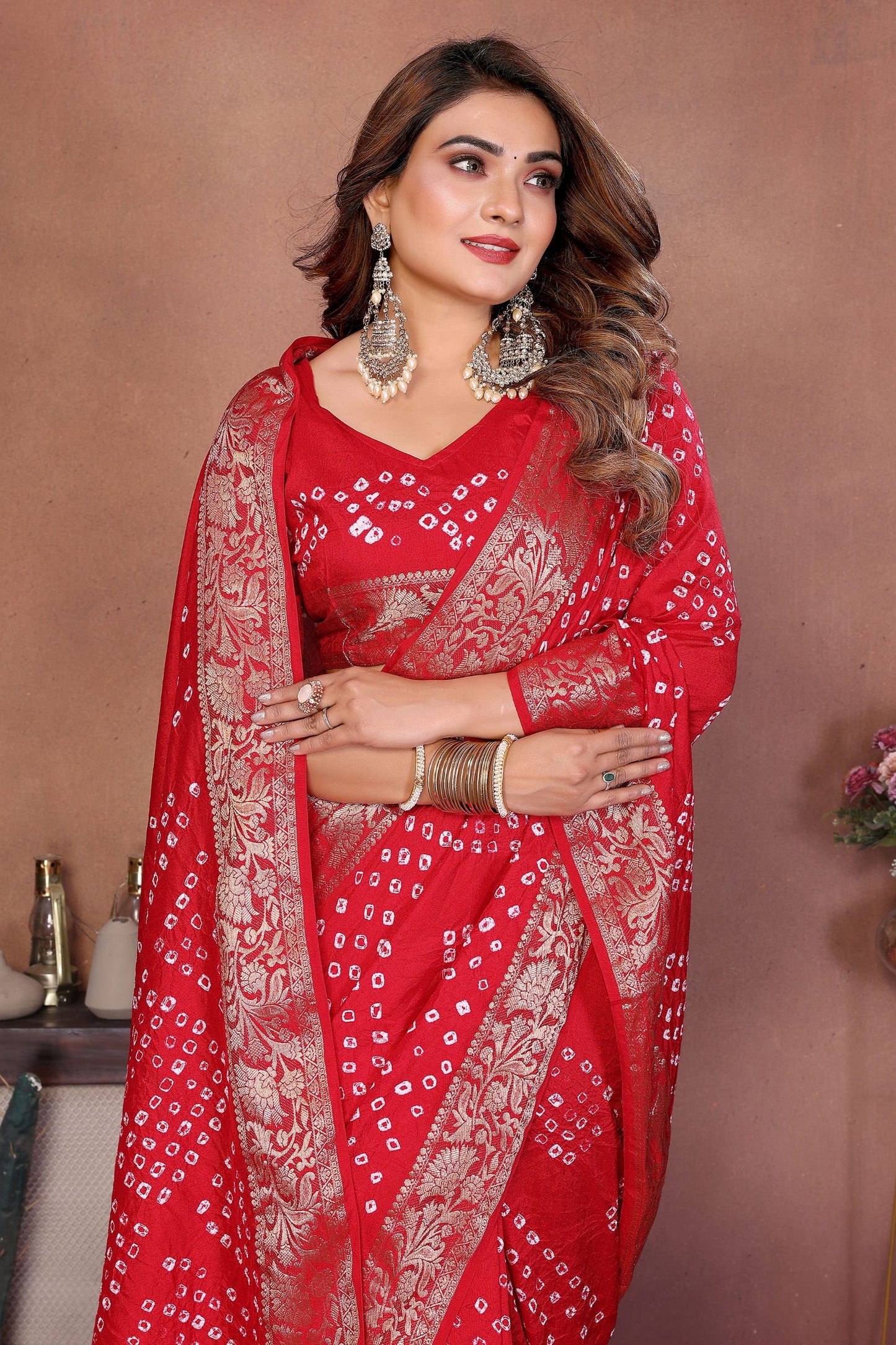 Red Bandhani Silk Saree with Gold Zari Border Blouse Traditional Saree