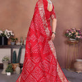 Red Bandhani Silk Saree with Gold Zari Border Blouse Traditional Saree