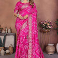 Rani Pink Bandhani Silk Saree Gold Zari Border Blouse Traditional Saree 