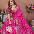 Rani Pink Bandhani Silk Saree Gold Zari Border Blouse Traditional Saree