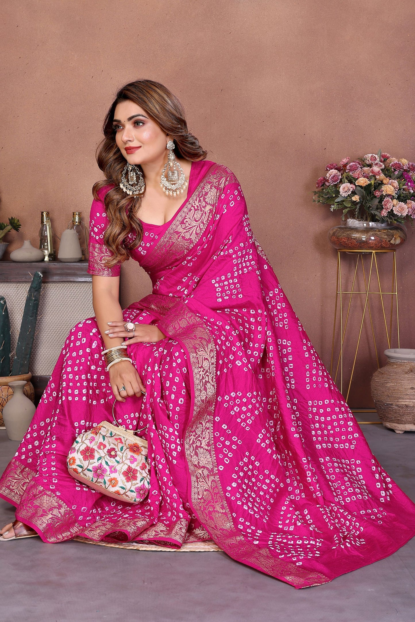 Rani Pink Bandhani Silk Saree Gold Zari Border Blouse Traditional Saree