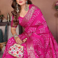 Rani Pink Bandhani Silk Saree Gold Zari Border Blouse Traditional Saree