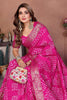 Rani Pink Bandhani Silk Saree Gold Zari Border Blouse Traditional Saree