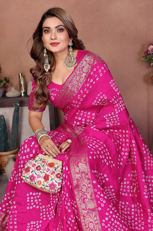 Rani Pink Bandhani Silk Saree Gold Zari Border Blouse Traditional Saree