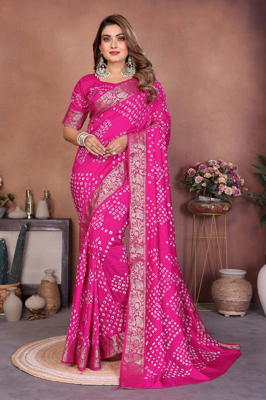 Rani Pink Bandhani Silk Saree Gold Zari Border Blouse Traditional Saree 