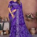Royal Purple Bandhani Silk Saree Silver Zari Border Blouse Traditional Saree 
