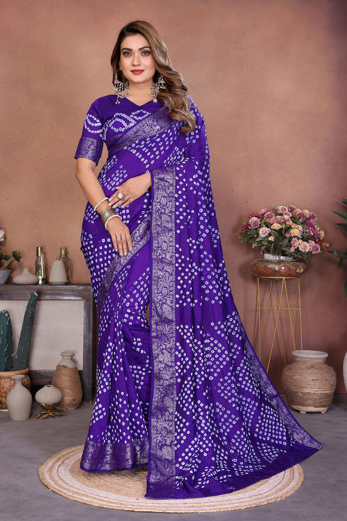 Royal Purple Bandhani Silk Saree Silver Zari Border Blouse Traditional Saree 