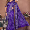 Royal Purple Bandhani Silk Saree Silver Zari Border Blouse Traditional Saree