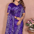 Royal Purple Bandhani Silk Saree Silver Zari Border Blouse Traditional Saree