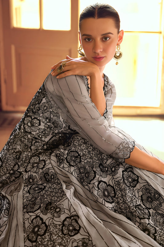 Elegant Grey Embroidered Viscose Anarkali Gown with Full Sleeves for Wedding