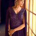 Royal Purple Embroidered Viscose Anarkali Gown with Cape Sleeves for Wedding