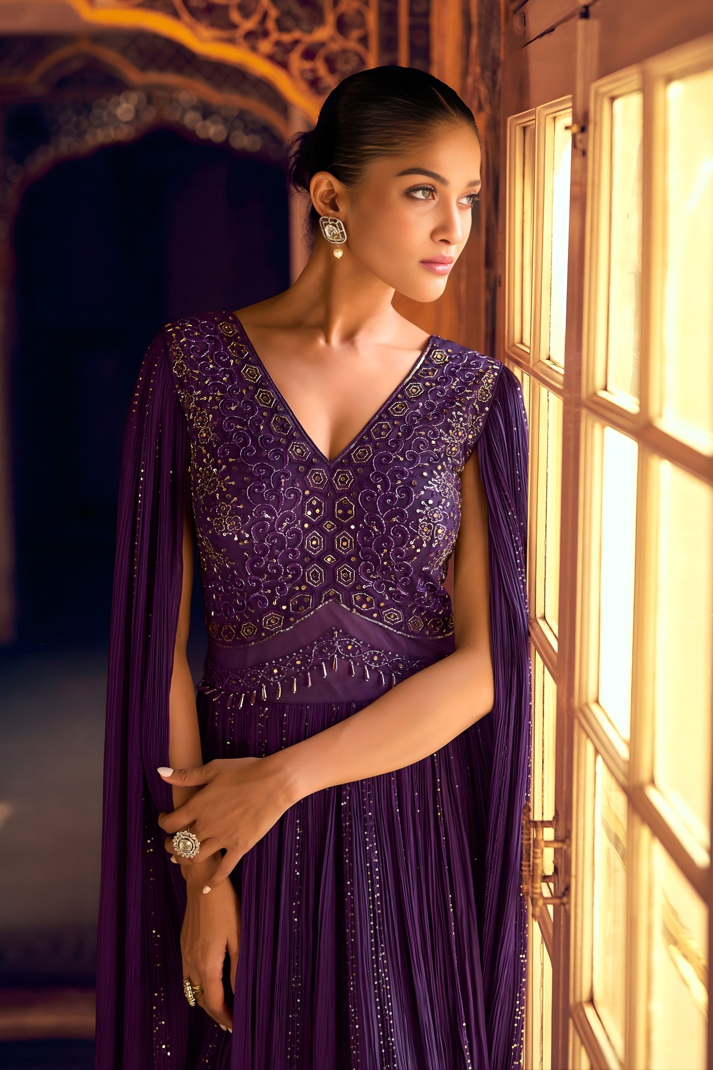 Royal Purple Embroidered Viscose Anarkali Gown with Cape Sleeves for Wedding