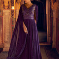 Royal Purple Embroidered Viscose Anarkali Gown with Cape Sleeves for Wedding