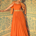 Stylish Orange Embellished Viscose Anarkali Gown with Shrug for Wedding