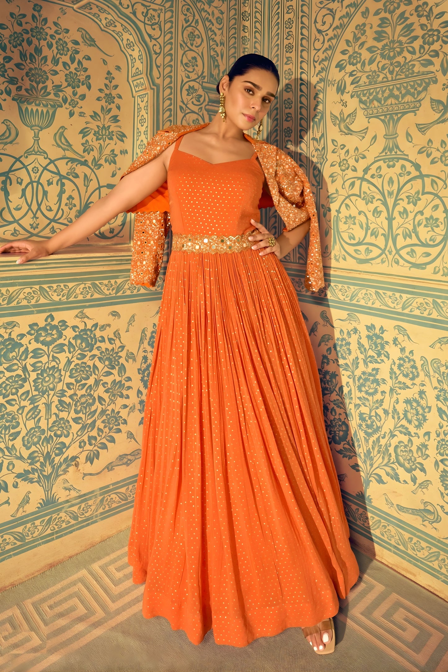 Stylish Orange Embellished Viscose Anarkali Gown with Shrug for Wedding