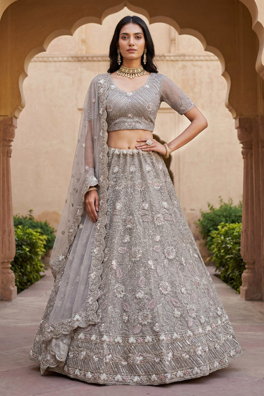 Elegant Stone Grey Embroidered Net Lehenga Choli with Dupatta for Wedding