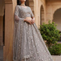 Elegant Stone Grey Embroidered Net Lehenga Choli with Dupatta for Wedding
