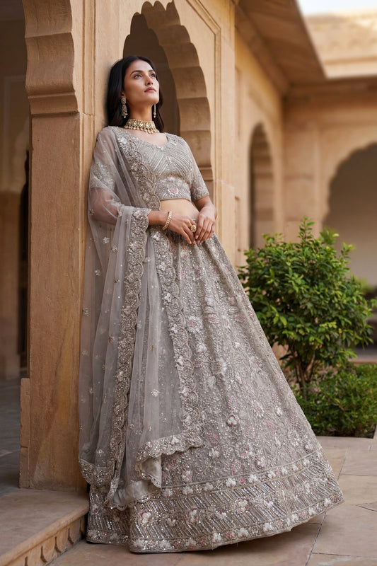 Elegant Stone Grey Embroidered Net Lehenga Choli with Dupatta for Wedding